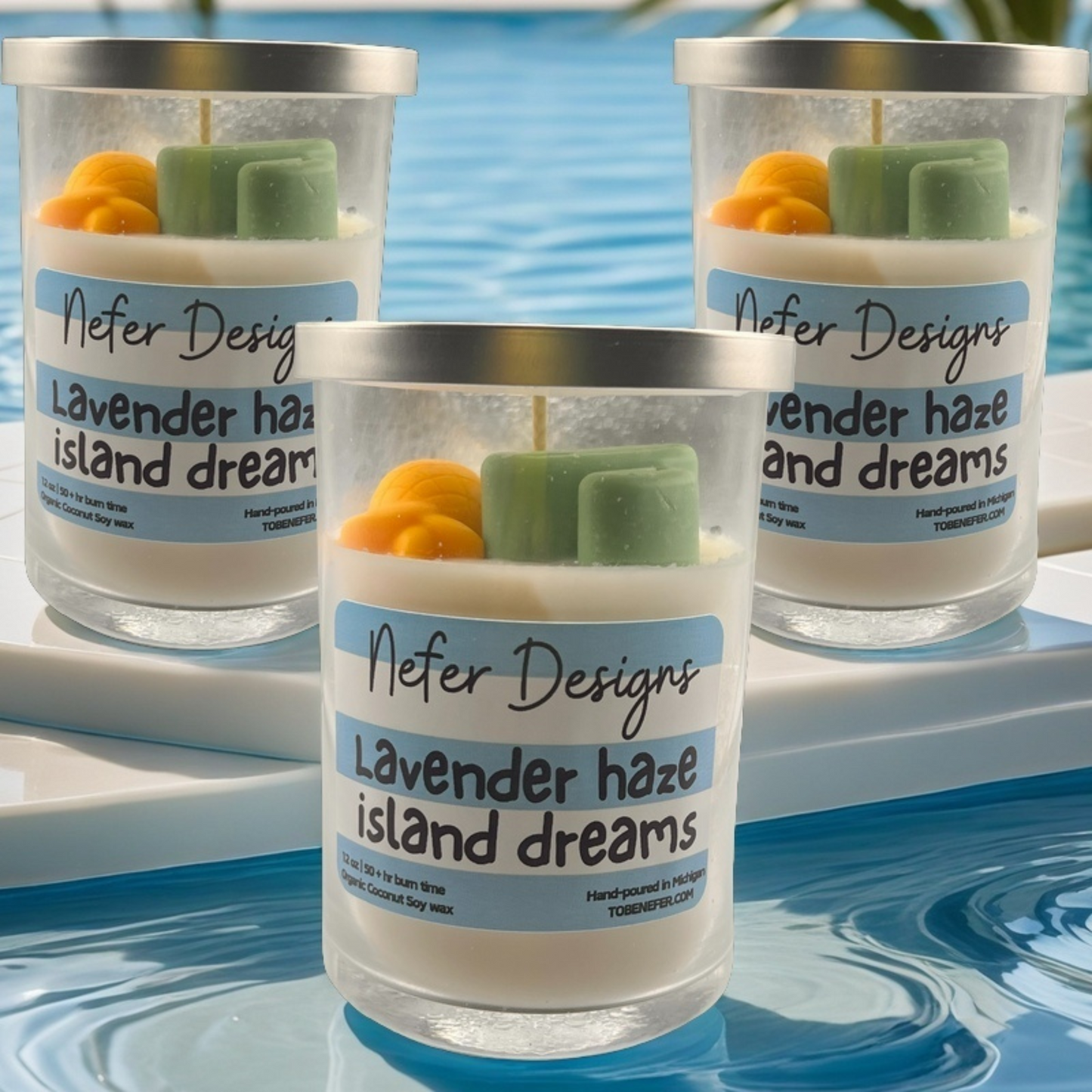 A hand-poured Lavender Haze & Island Dreams soy candle in an elegant jar, evoking a tranquil escape with soothing lavender and refreshing ocean breeze scents.