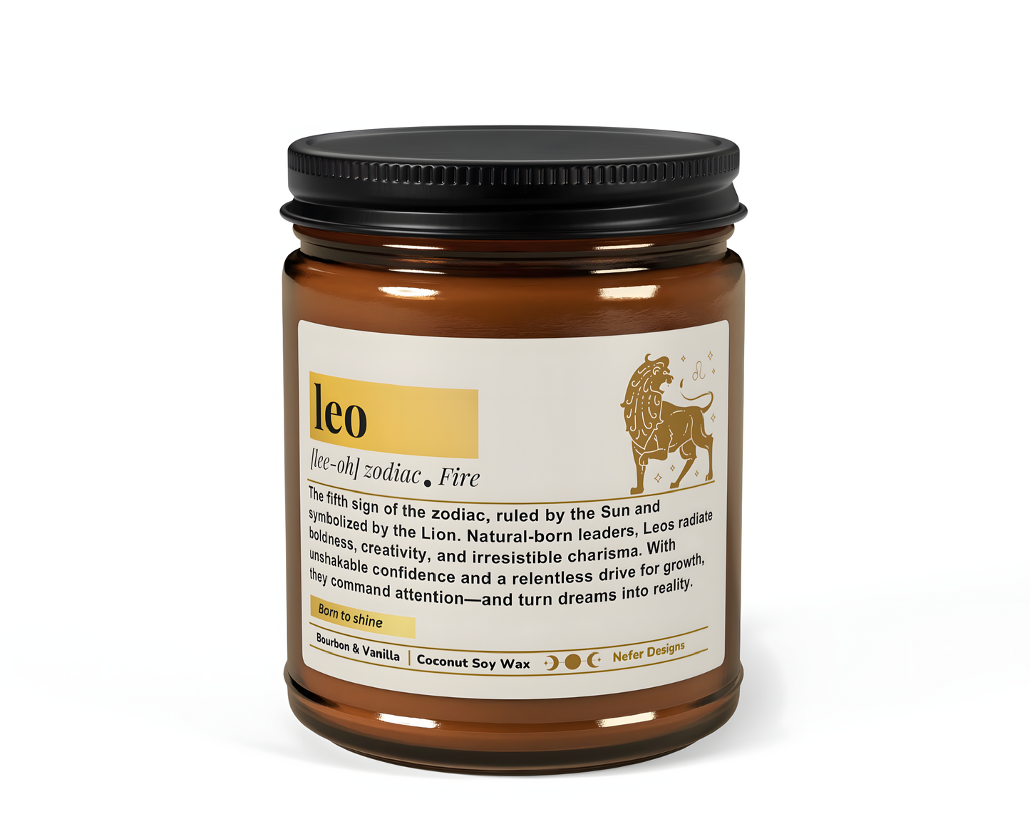 Leo Zodiac Candle - Bourbon & Vanilla scented coconut-soy wax candle in amber jar, for confident, charismatic leaders