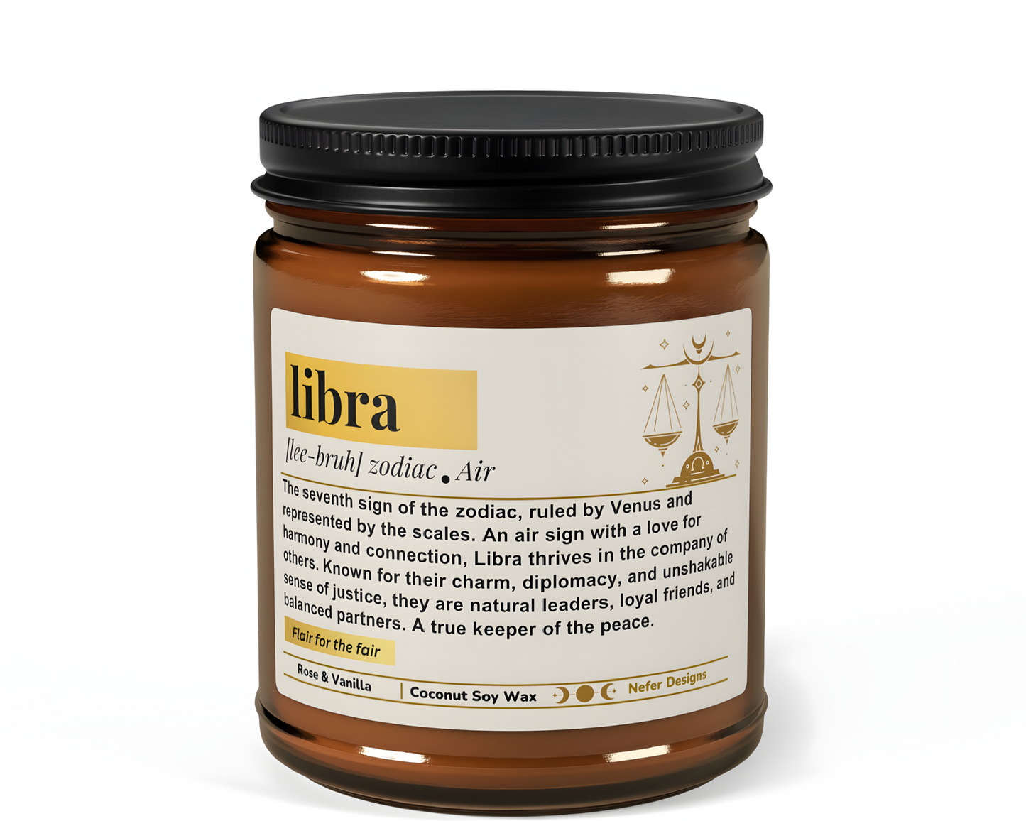 Libra Zodiac Candle - Rose & Vanilla scented coconut-soy wax candle in amber jar, for harmonious, romantic souls