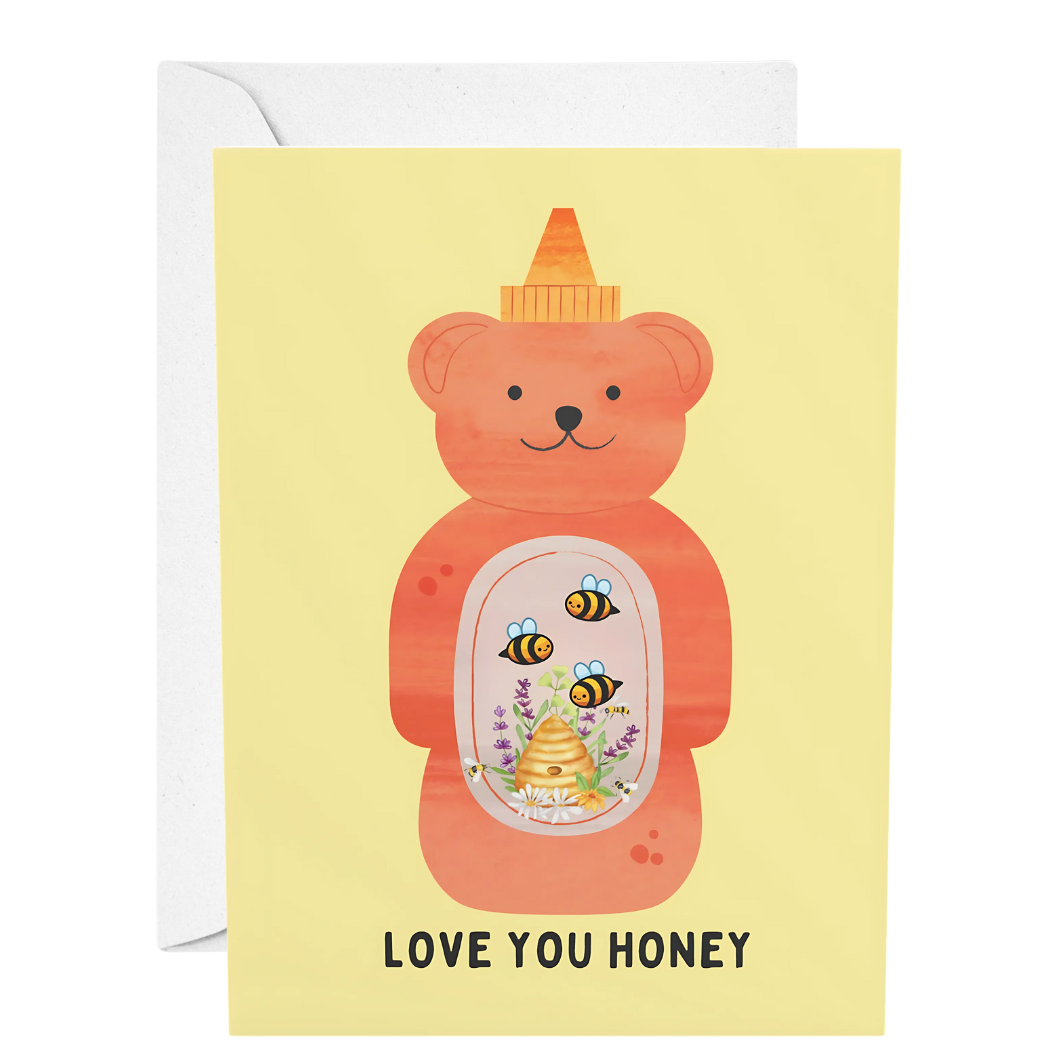 Honey bear card with 'Love You Honey' text on a yellow background