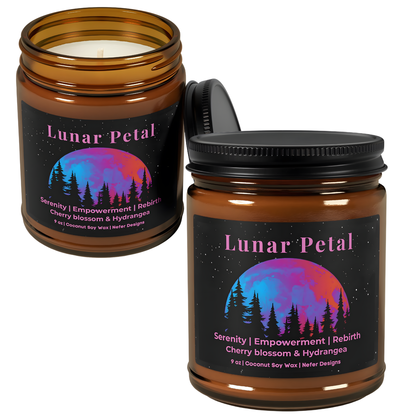 Lunar Petal candle with cherry blossom and hydrangea scent, representing serenity, empowerment, and rebirth. Hand-poured coconut soy wax candle by Nefer Designs.