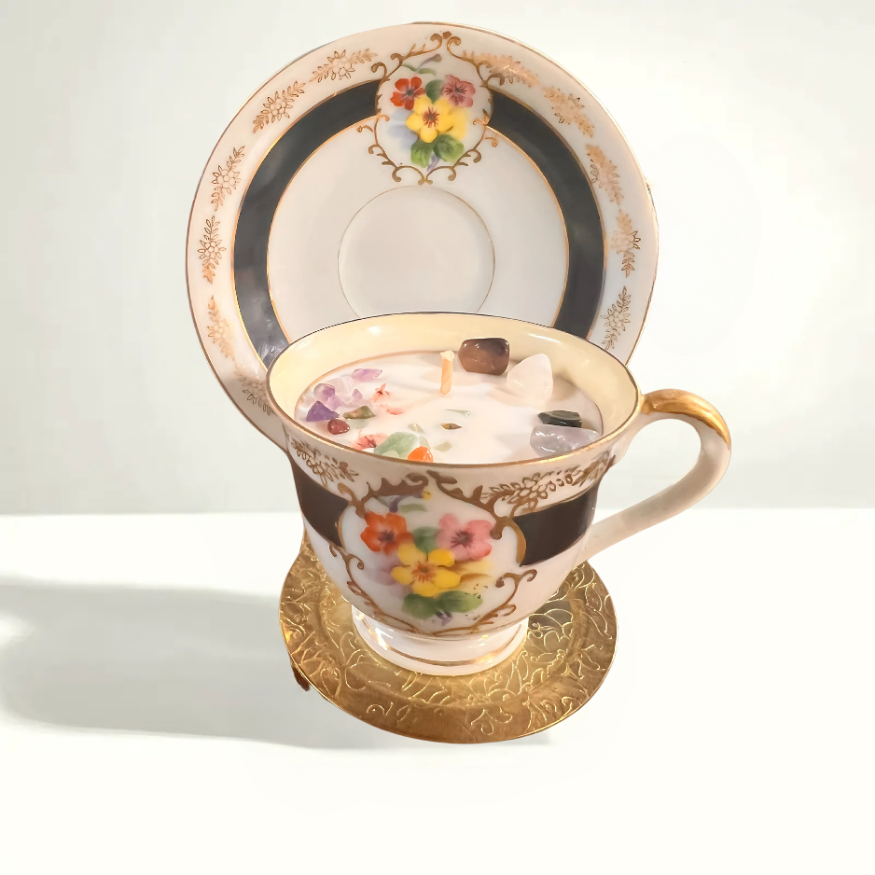 1980 Arnart floral teacup candle - Japanese export porcelain with chrysanthemum design