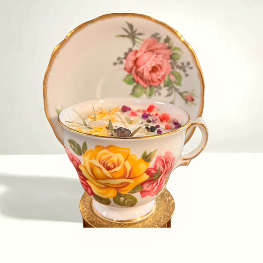 legant fine bone china set with purple violets and gold trim, perfect for a generous pour and vintage charm.