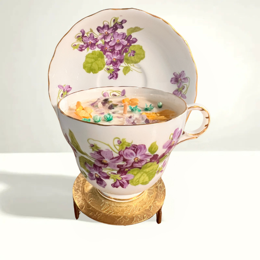 Oversize violet floral teacup candle - 1940s Melba bone china with scalloped gold rim, filled with lemongrass violet coconut soy wax