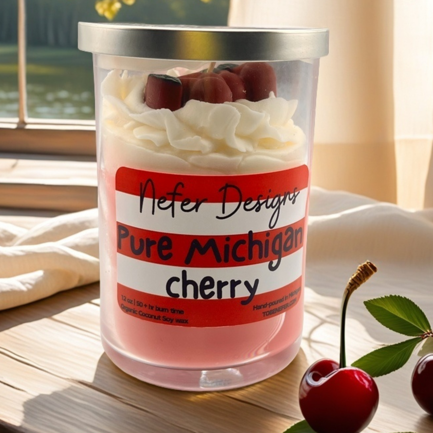 Pure Michigan Cherry Soy Candle with cherry-shaped wax embeds and whipped cream wax topping, offering a sweet and refreshing cherry fragrance