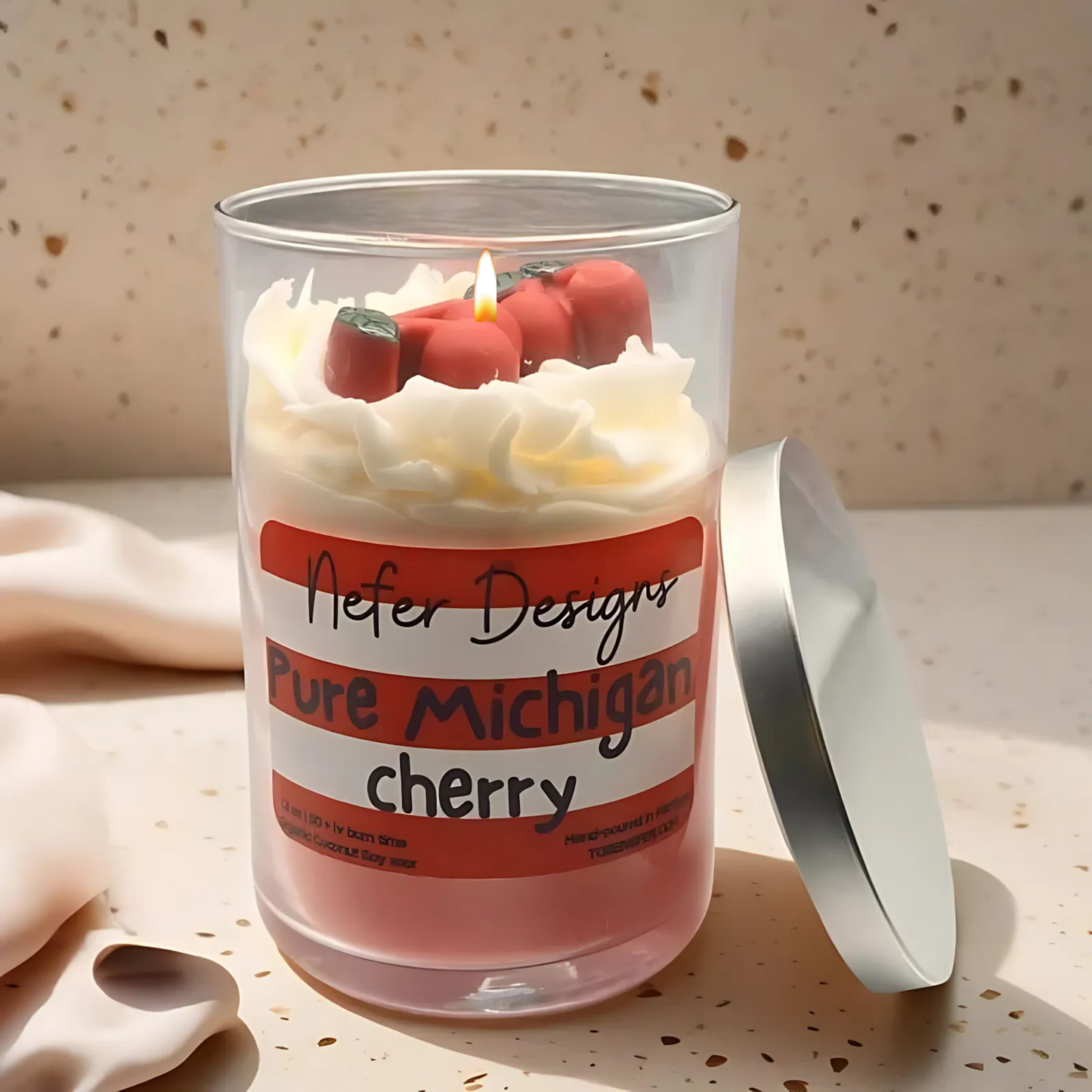 Pure Michigan Cherry Soy Candle with cherry-shaped wax embeds and whipped cream wax topping, offering a sweet and refreshing cherry fragrance