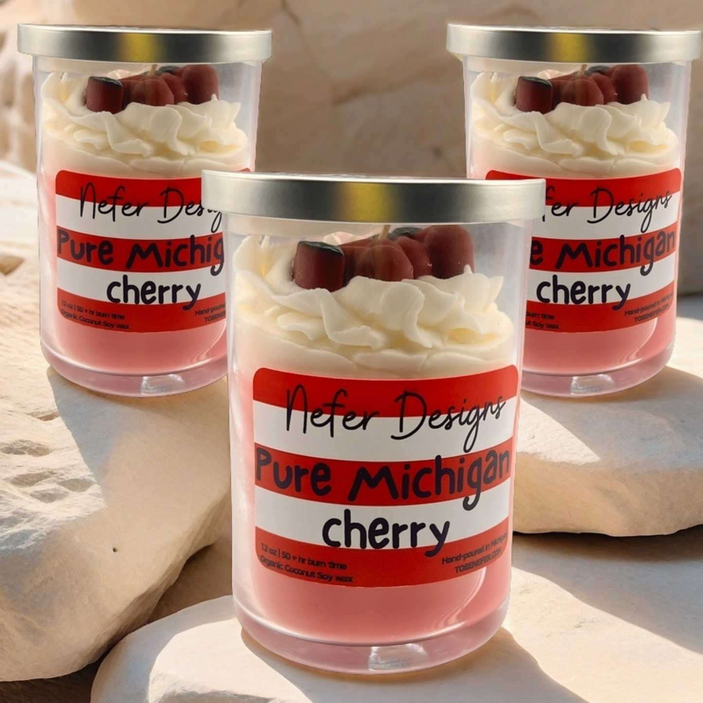 Pure Michigan Cherry Soy Candle with cherry-shaped wax embeds and whipped cream wax topping, offering a sweet and refreshing cherry fragrance