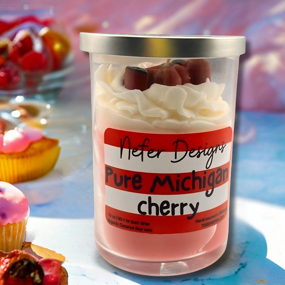 Pure Michigan Cherry Soy Candle with cherry-shaped wax embeds and whipped cream wax topping, offering a sweet and refreshing cherry fragrance