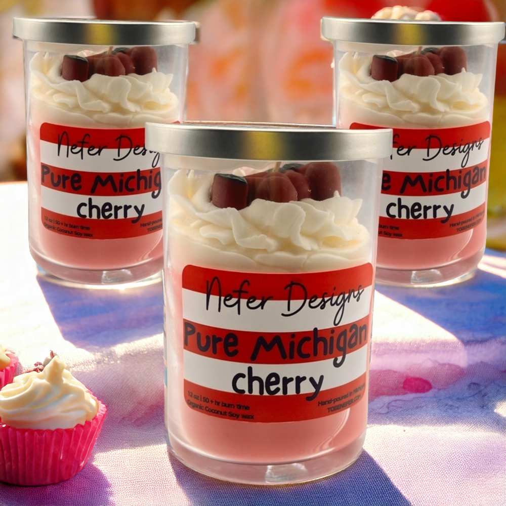 Pure Michigan Cherry Soy Candle with cherry-shaped wax embeds and whipped cream wax topping, offering a sweet and refreshing cherry fragrance