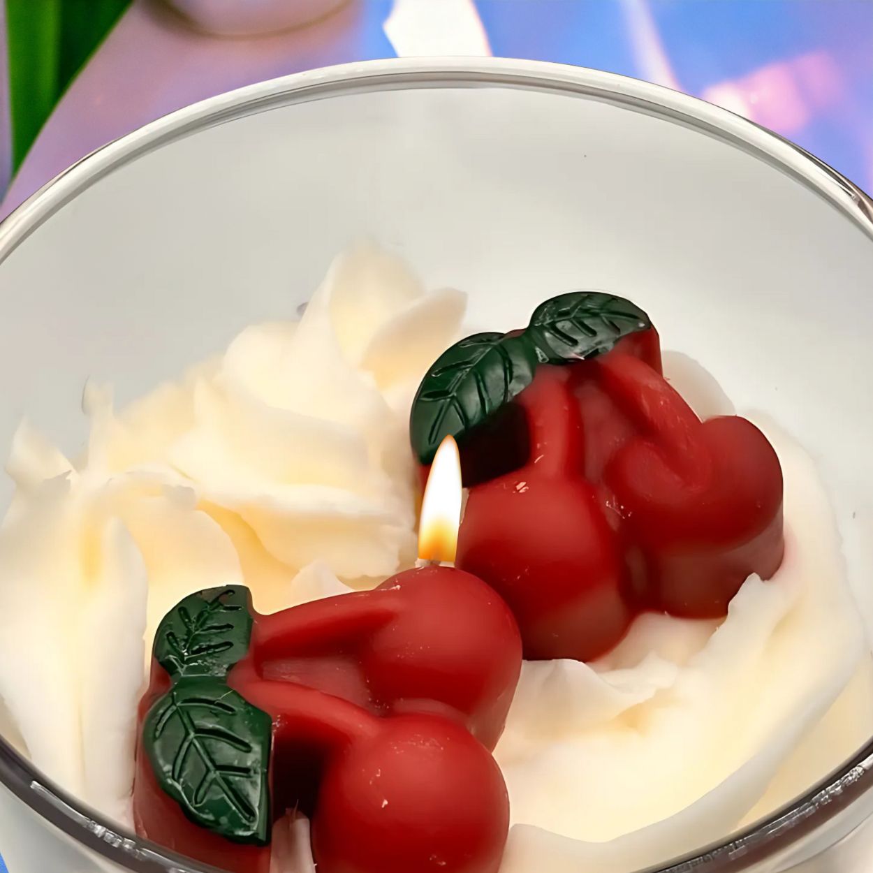 Pure Michigan Cherry Soy Candle with cherry-shaped wax embeds and whipped cream wax topping, offering a sweet and refreshing cherry fragrance