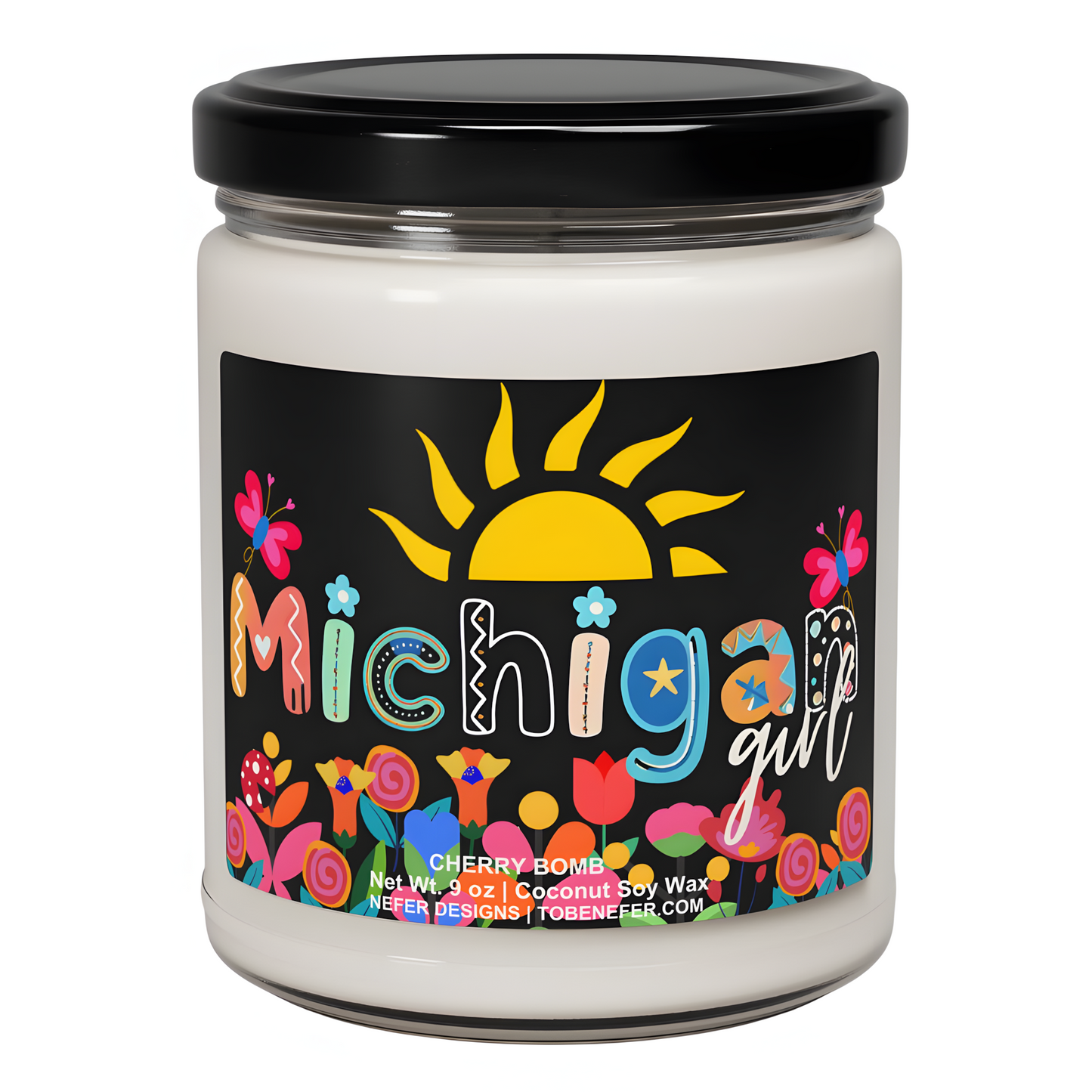 Cherry Bomb scented soy candle in vintage jar - 9 oz Michigan-made retro candle with coconut wax by Nefer Designs.