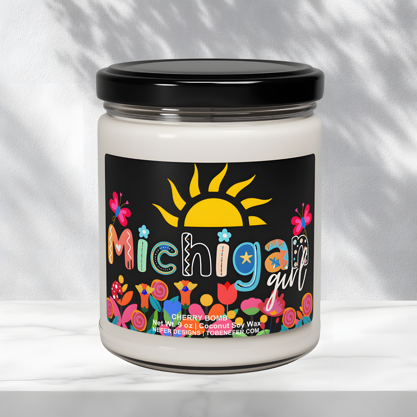 Cherry Bomb Michigan retro soy candle - 9 oz groovy gift in coconut soy wax with minimalist label.