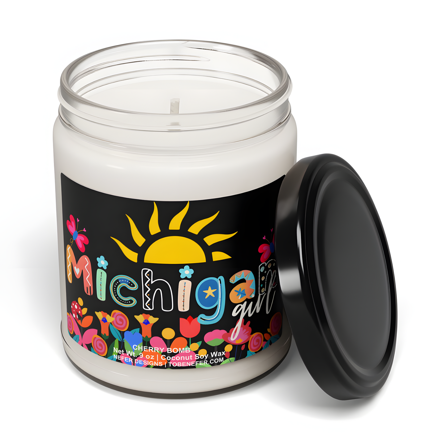 Night Cherry Bomb candle - 9 oz black jar with white typography, Michigan-made soy wax candle for cozy vibes.