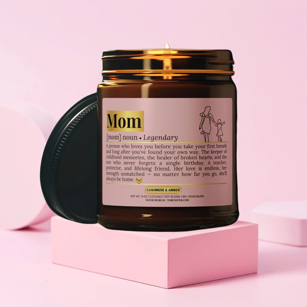 Heartfelt ‘Mom Dictionary’ soy candle burning on a kitchen counter – perfect unique gift for moms who do it all