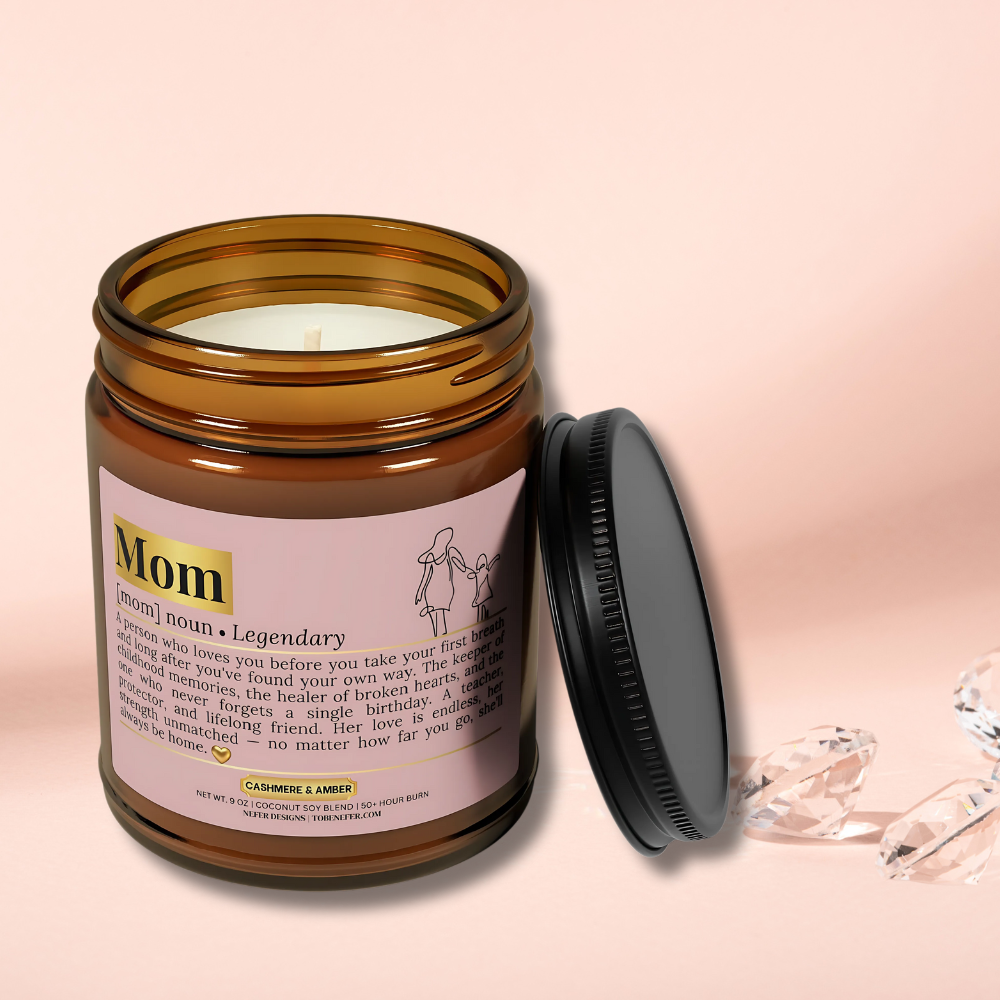 Close-up of dictionary-style definition on soy candle label – funny and sentimental gift for mothers