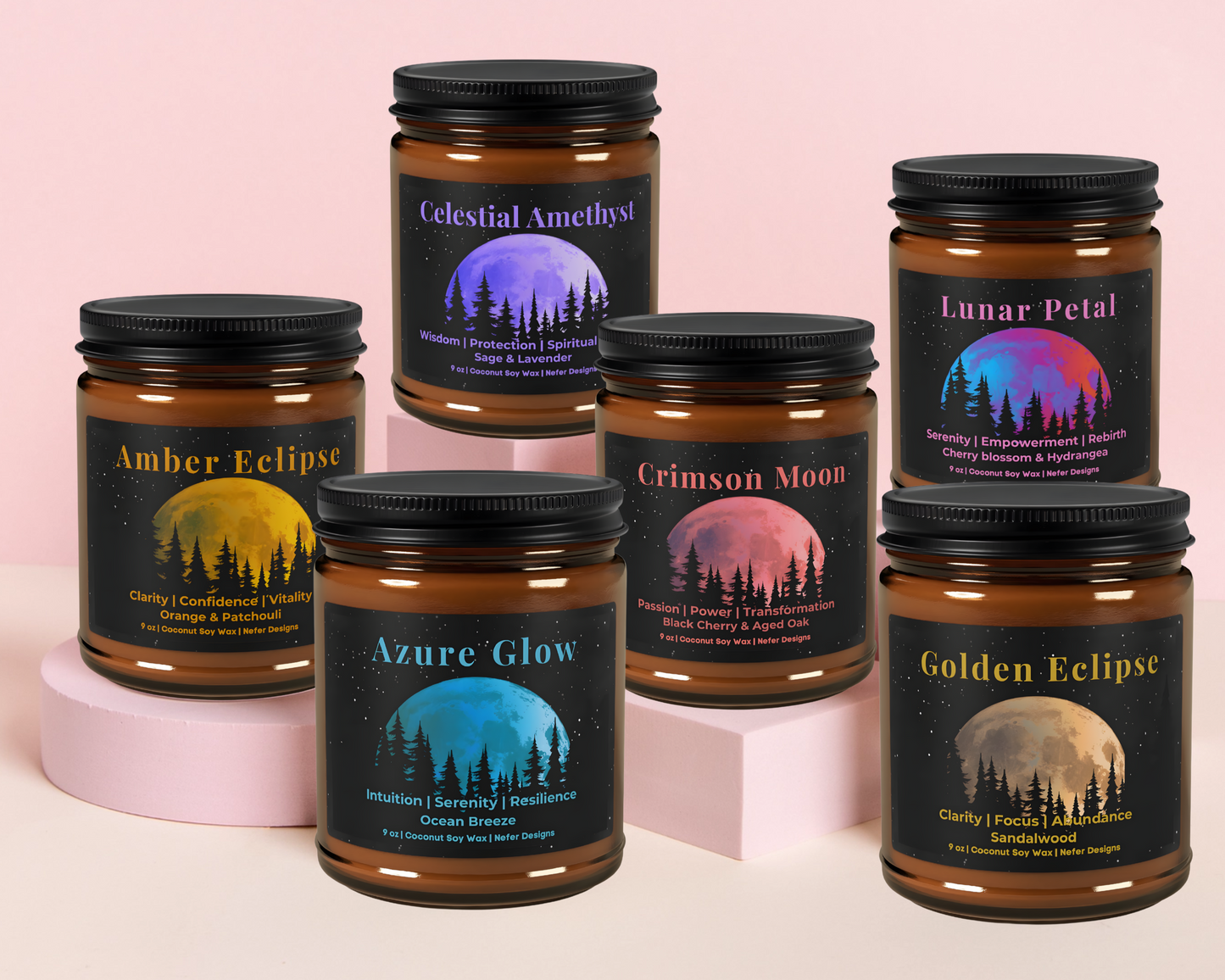 Celestial Amethyst, Amber Eclipse, Azure Glow, Crimson Moon, Lunar Petal, and Golden Eclipse scented candles with spiritual, clarity, and empowerment themes. Coconut soy wax candles by Nefer Designs.