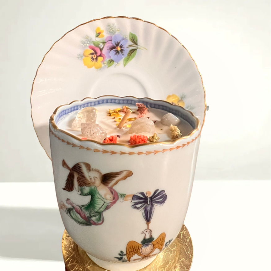 Museum-reproduction teacup candle - 1950s Mottahedeh Elizabethan floral porcelain with gold trim, Portugal-made cup with English saucer