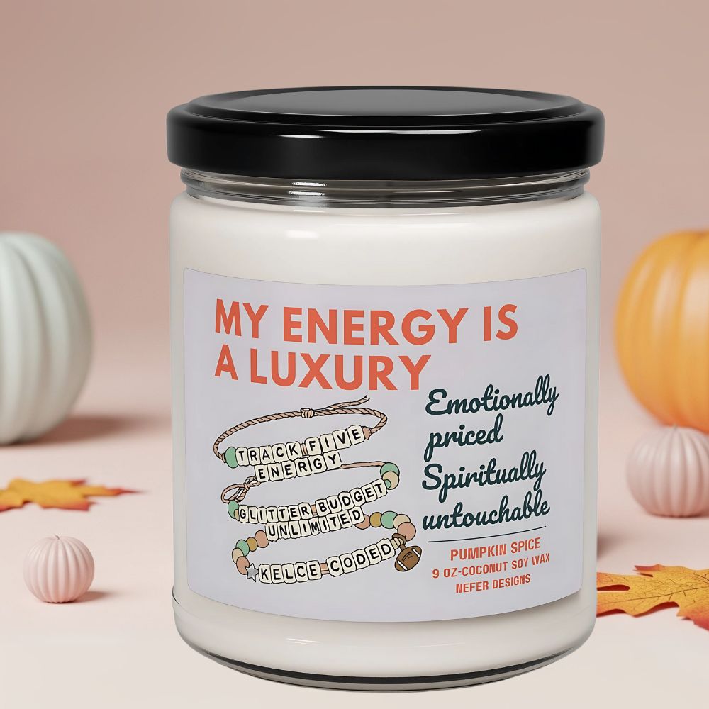 Candle jar with a label on a beige background