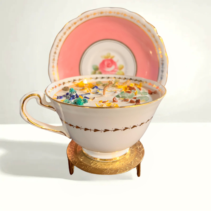 Vintage pink rose teacup candle with gold trim - 1920s English bone china by New Chelsea Staffordshire, filled with lemongrass violet soy wax
