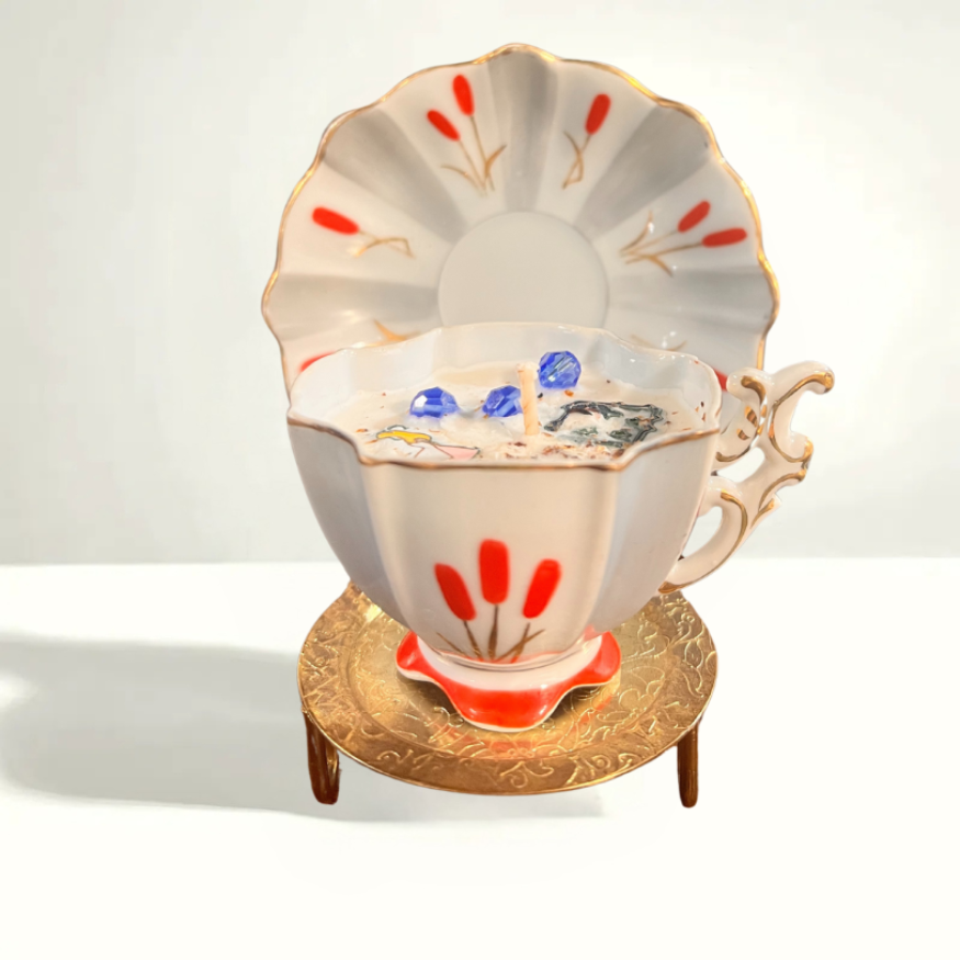 Charming vintage teacup and saucer with red and grey floral design, marked 'Occupied Japan' and representing post-war Japanese porcelain artistry.