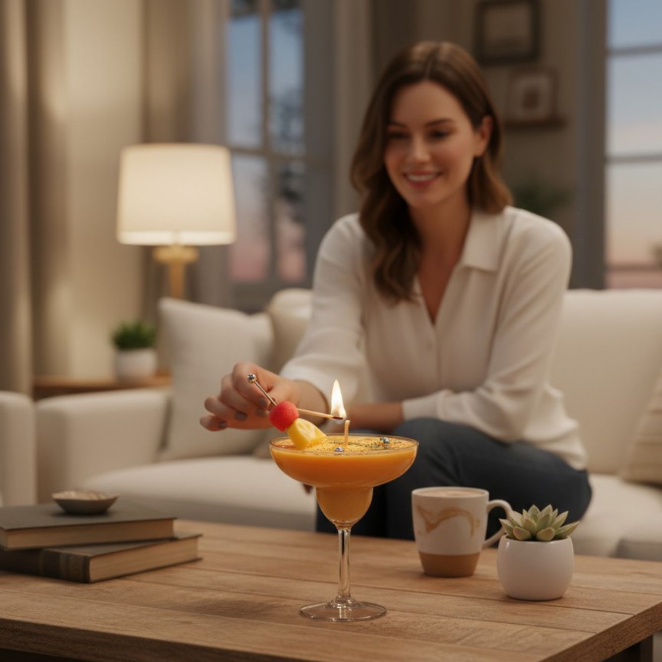 A woman sitting on a white sofa in a cozy living room, reaching out to light the wick of the yellow cocktail candle, which is placed on a wooden coffee table in the foreground.