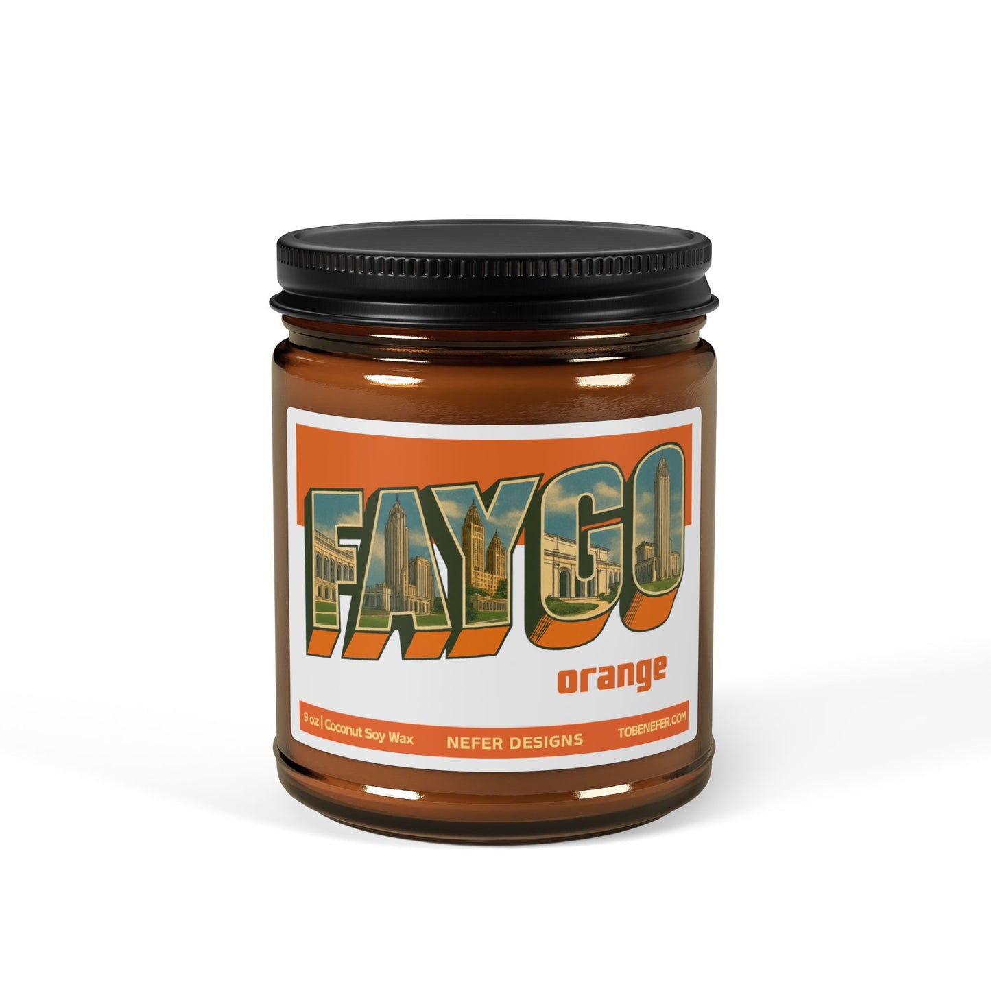 Candle jar with 'FAYGO orange' label on a white background