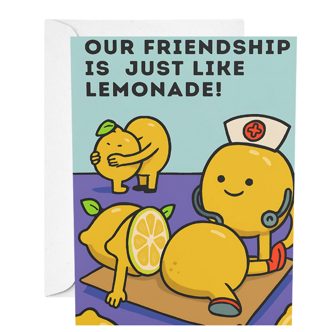 Greeting card with cartoon lemons and text 'Our friendship is just like lemonade!' on a white background.