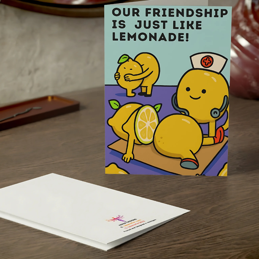 Greeting card with lemon-themed illustration and text on a wooden surface