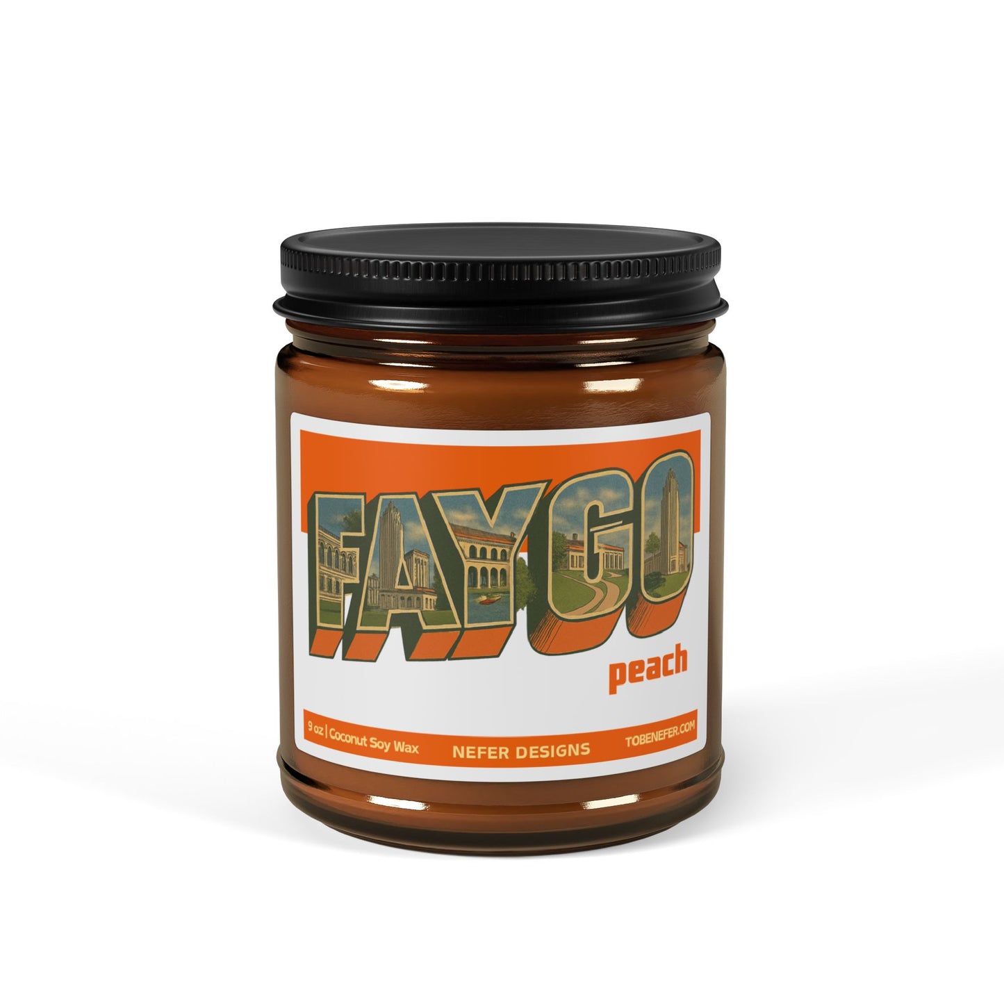 Candle jar with 'Faygo' branding on a white background