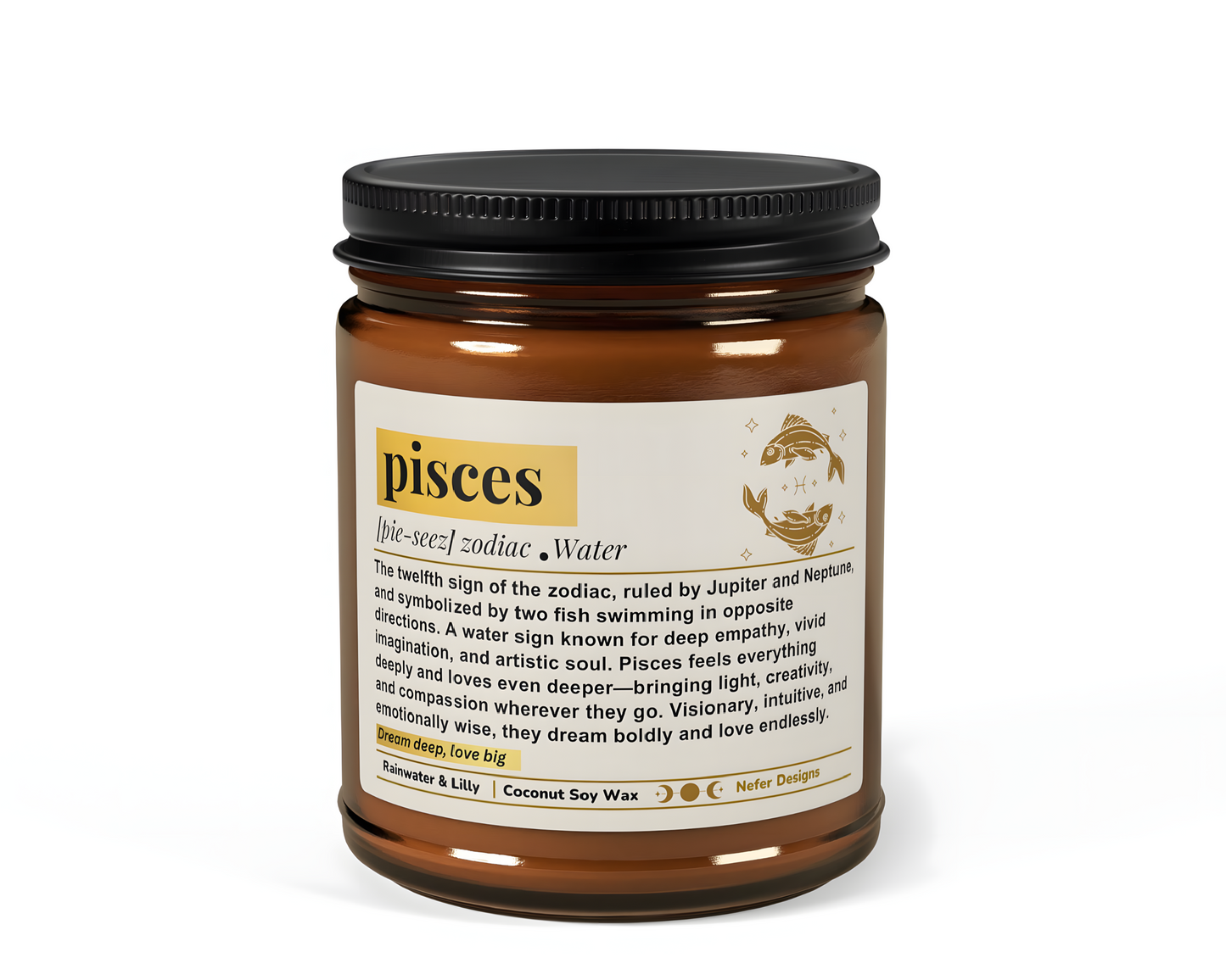Pisces Zodiac Candle - Rainwater & Lily scented coconut-soy wax candle in amber jar, for dreamy, compassionate artists.