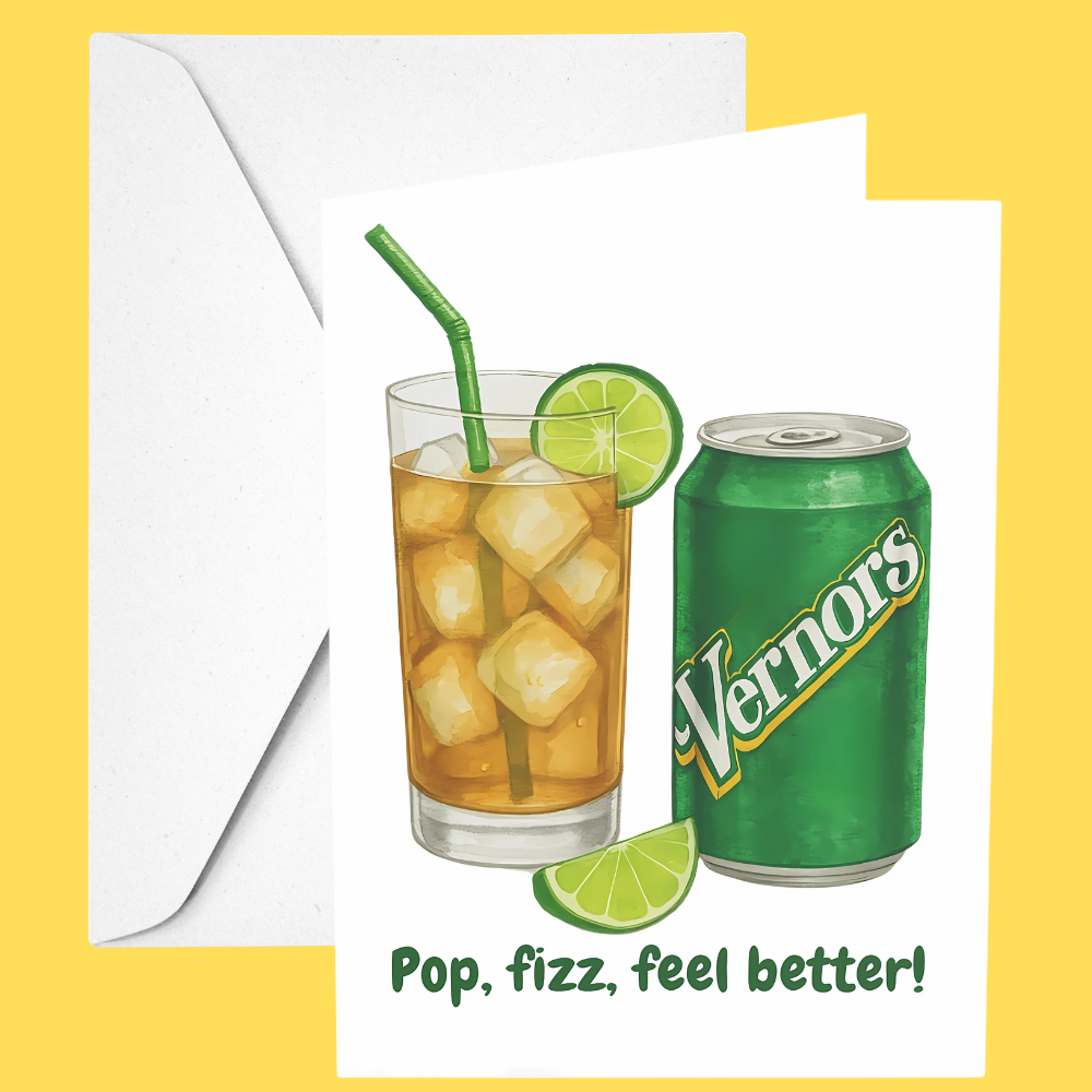 Vernors soda can with a glass of iced ginger ale and lime slices on a yellow background