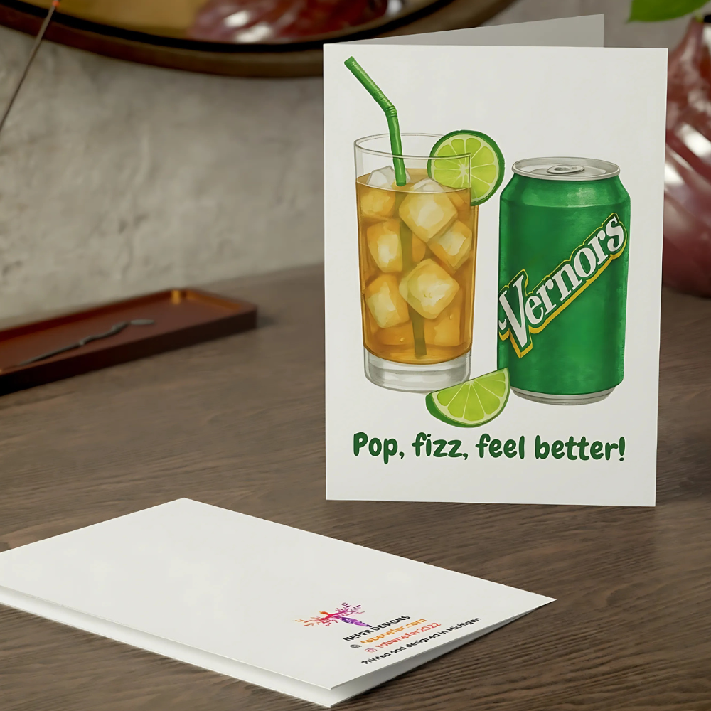 Greeting card with Vernors ginger ale illustration on a wooden surface