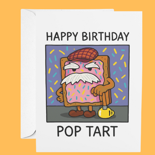 Birthday card with a cartoon pop tart character on an orange background
