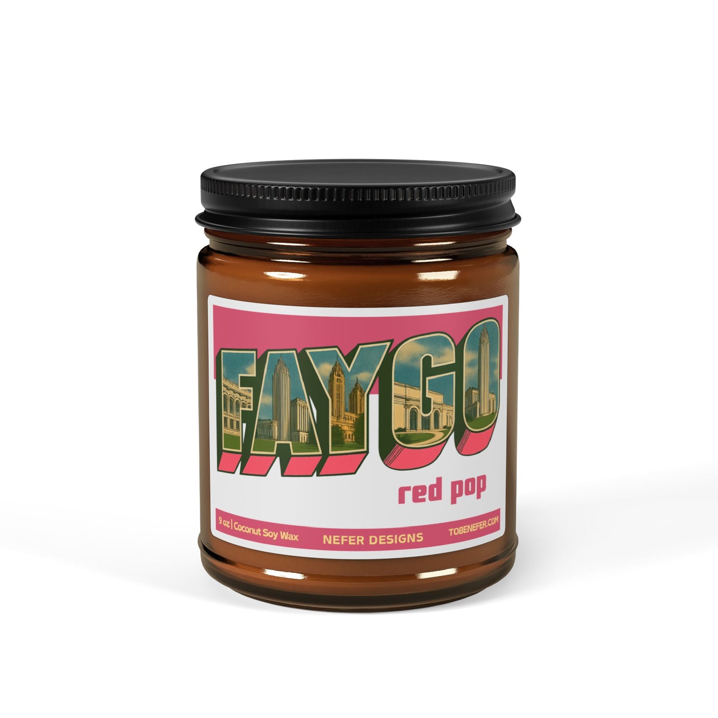 Candle jar with a colorful label on a white background