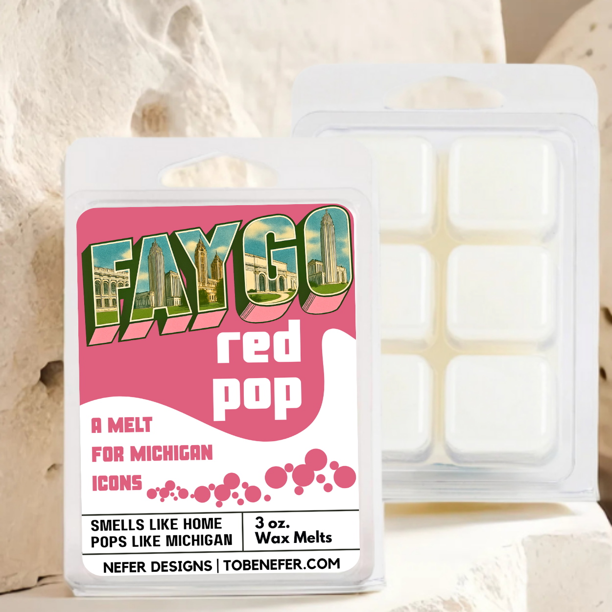 Wax melt packaging with 'Faygo Red Pop' label on a textured background