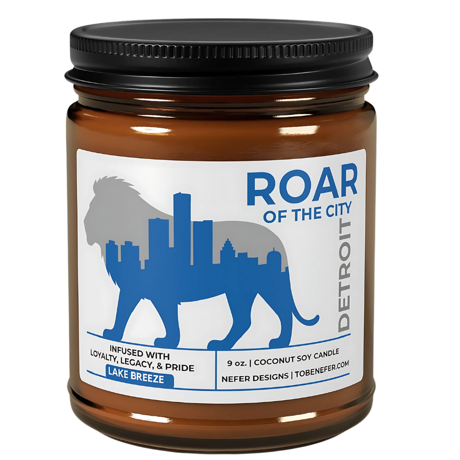 Candle jar with 'Roar of the City Detroit' label on a white background
