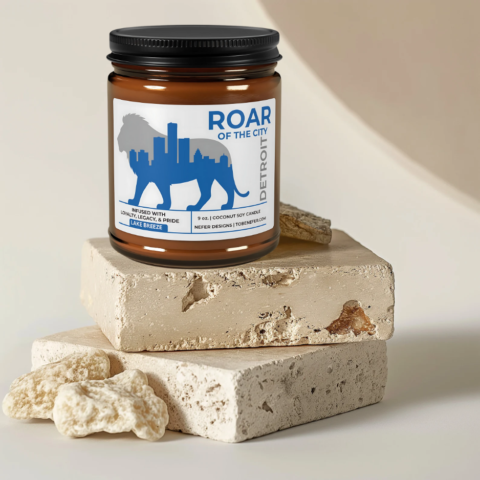 Candle jar labeled 'Roar of the City' on a textured stone surface with a neutral background