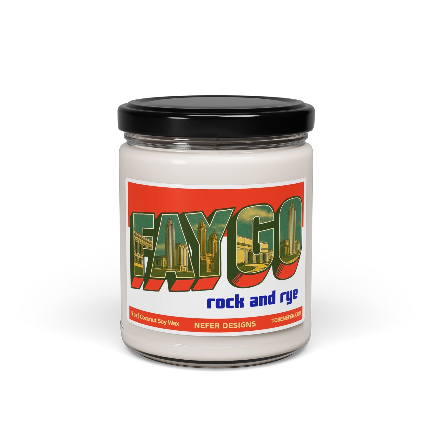 Faygo rock and rye candle with colorful label on a white background