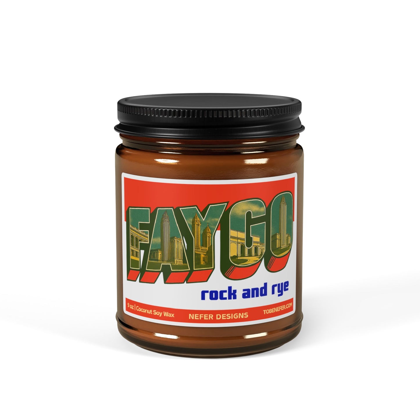 Jar of Faygo rock and rye on a white background