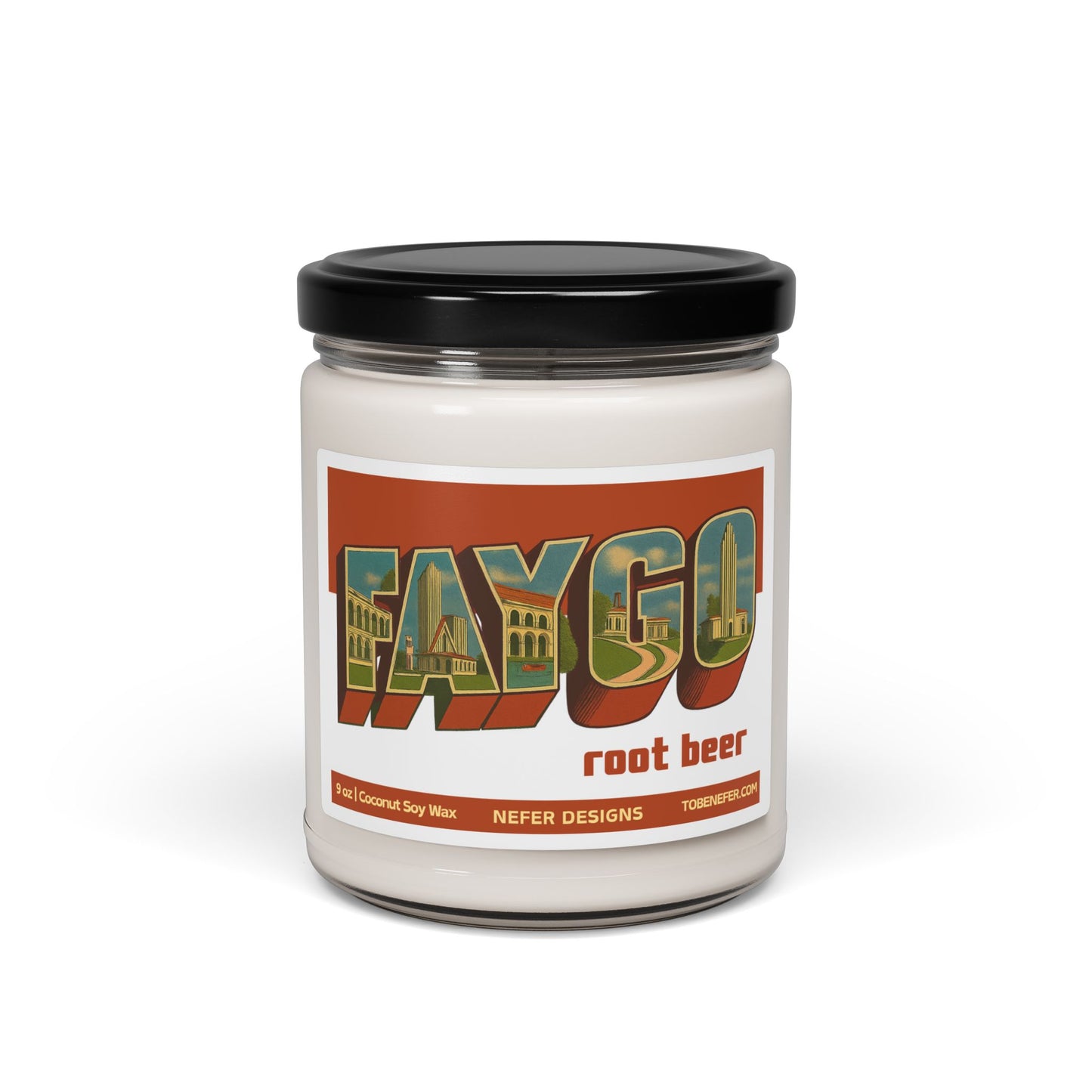 Faygo root beer candle with colorful label on a white background