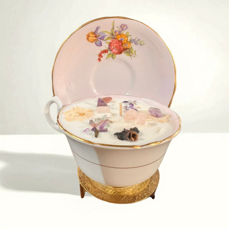 1960s Royal Stafford floral teacup candle - Staffordshire bone china with gold trim, mid-century English craftsmanship in lavender soy wax
