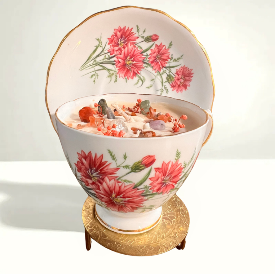 1970s Delphine bone china teacup candle - English translucent porcelain with floral gilt edges, lavender driftwood scented