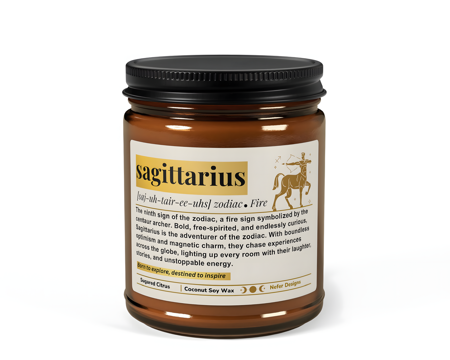 Sagittarius Zodiac Candle - Sugared Citrus scented coconut-soy wax candle in amber jar, for adventurous, free spirits.
