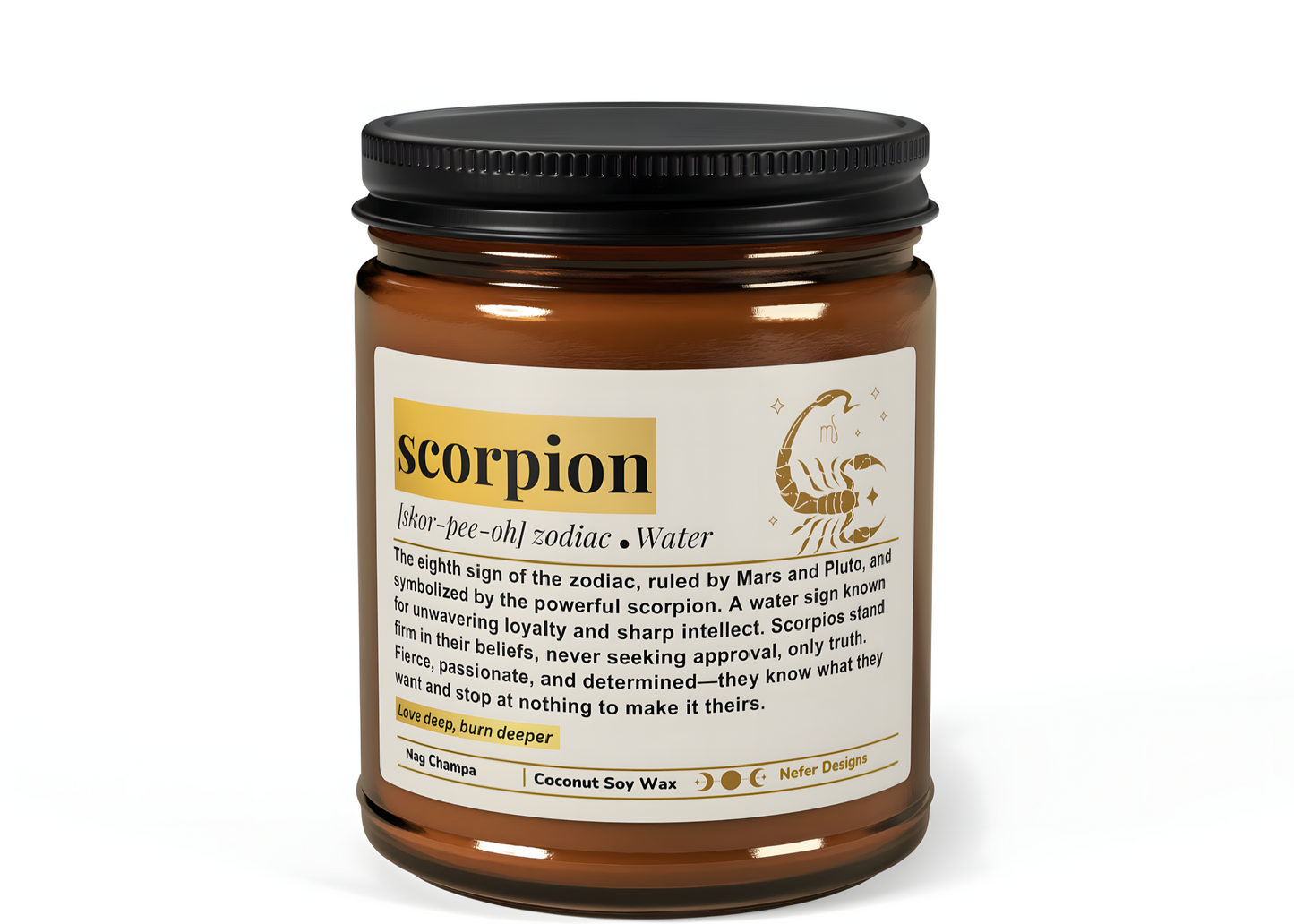Scorpio Zodiac Candle - Nag Champa scented coconut-soy wax candle in amber jar, for deep, mystical energy.