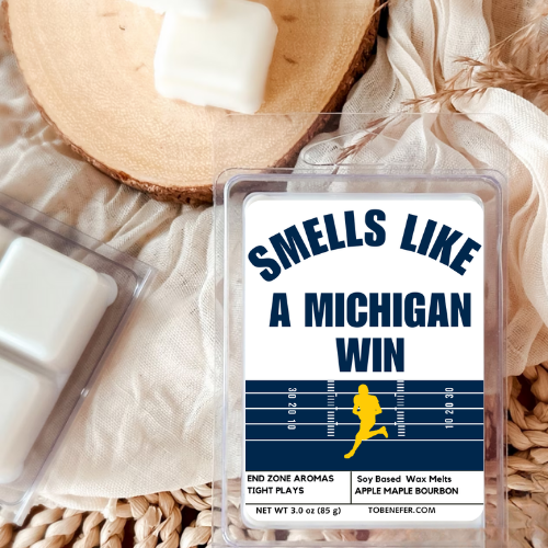 Smells Like a Michigan Win Wax Melt – University Michigan Game Day Wax Melt with a Maize and Blue Color Label. Perfect for Fans, Tailgates, and Gifts.