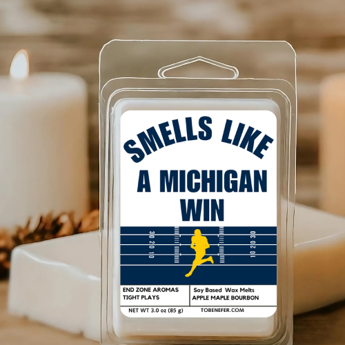 Smells Like a Michigan Win Wax Melt – University Michigan Game Day Wax Melt with a Maize and Blue Color Label. Perfect for Fans, Tailgates, and Gifts.