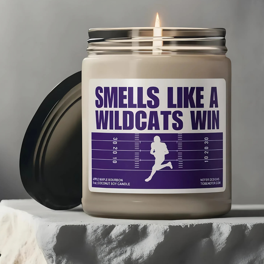 Smells Like a Wildcat Win Candle - Sports-themed Kansas State University candle with a unique scent, perfect for game day