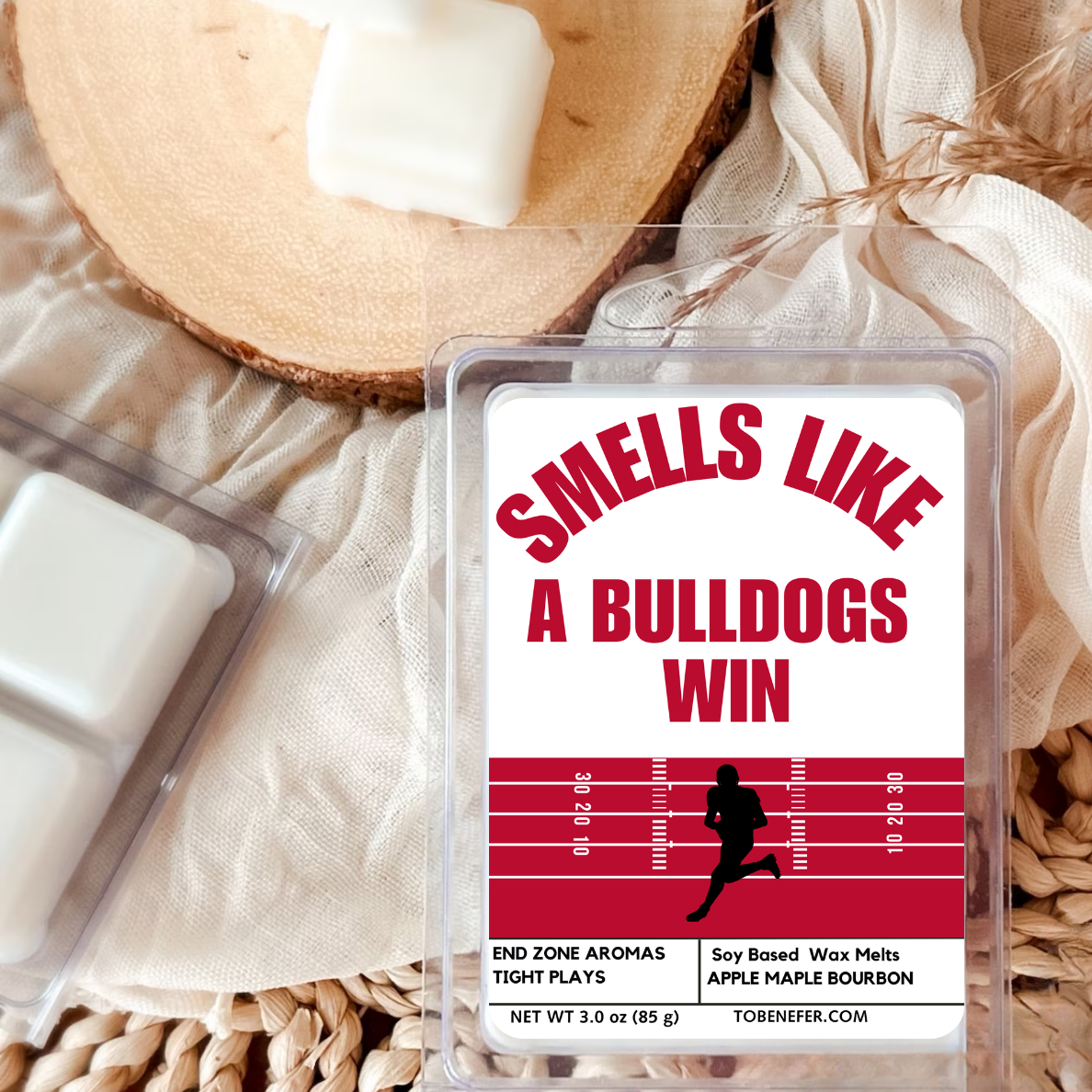 3 oz wax melts with the label design for the University of Georgia Bulldogs Football team.