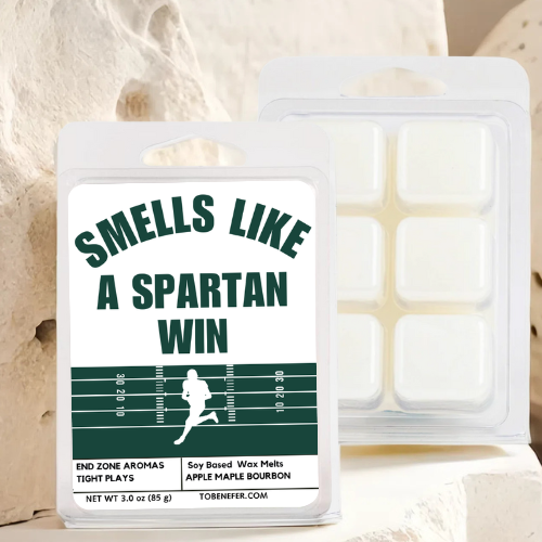 Smells Like a Spartan Win Wax Melt – Michigan State Game Day Candle in Green and White, Perfect for Fans, Tailgates, and Gifts.