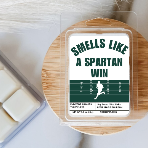 Smells Like a Spartan Win Wax Melt – Michigan State Game Day Candle in Green and White, Perfect for Fans, Tailgates, and Gifts.